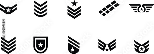 Collection of Black Military Rank Insignia Icons Featuring Chevron Stripes Stars and Winged Aviation Badges Isolated on White Background for Army and Airforce Designs
