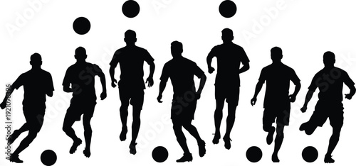 Soccer player silhouette collection, football dribbling action poses, athlete training movement, isolated sport vector illustration, active lifestyle concept
