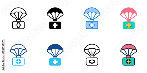 Relief Supplies icons set multiple style collection. Editable stroke 
