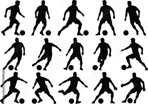 Soccer player silhouette collection, football dribbling action poses, athlete training movements, isolated sport illustration, active lifestyle design set
