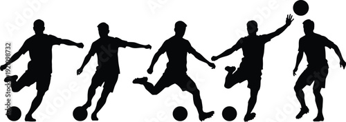 Soccer player silhouettes collection, football action poses, kicking dribbling jumping athletes, sport vector illustration isolated design bundle