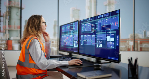 Schilderij op canvas Female Engineer Checking Efficiency On Multiple Screens