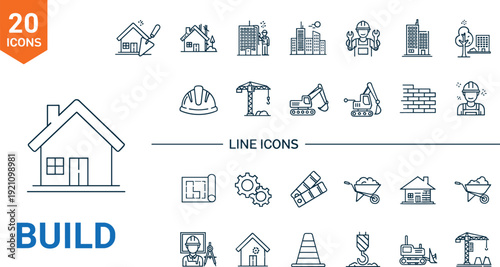 Construction Line Icons Set, Editable Stroke Building and Engineering Outline Vector Collection with House, Crane, Worker and Industrial Tools