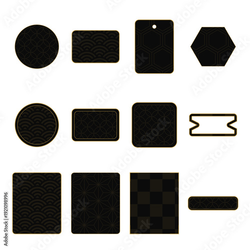 黒と金の和柄ラベル・フレーム12種セット 七宝 青海波 麻の葉 亀甲 市松の高級テンプレート
