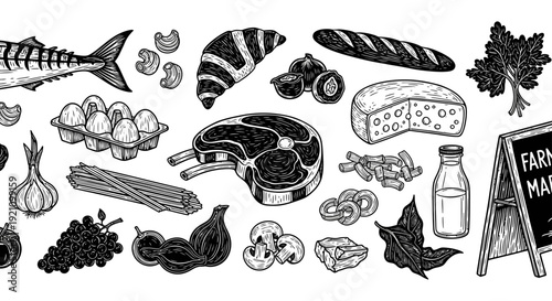 black and white food pattern illustration featuring farm fresh groceries organic produce and market goods for culinary design.