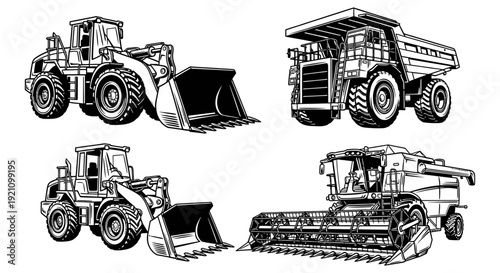 black and white heavy machinery construction loaders dump truck combine harvester industrial and farm vehicles.