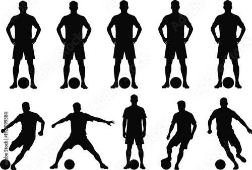 Soccer player silhouettes, football action poses, dribbling ball movement, athlete vector illustration, isolated sports figures, professional training collection