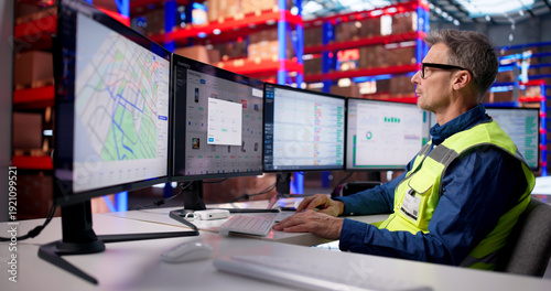 Fotografie Efficient Logistics Manager Overseeing Warehouse Operations