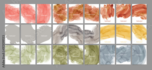 collection of vector graphic watercolor cover designs featuring vibrant and earthy abstract brush stroke illustrations.