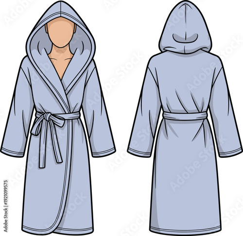 Front and back view of blue hooded bathrobe vector illustration, cozy unisex dressing gown with belt, soft fabric loungewear apparel mockup isolated on white background