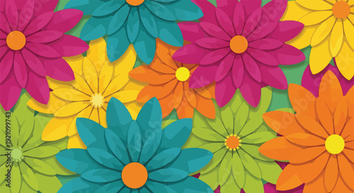A vibrant flat design of various colored flowers with slight shadows