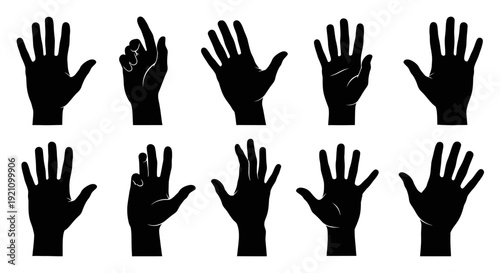 A set of black silhouette icons depicting various human hand gestures, including thumbs up, thumbs down, peace signs, and pointing hands, on a clean white background.