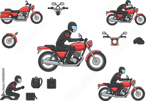 Red Cruiser Motorcycle Vector Set with Biker Character Wearing Helmet and Leather Jacket Plus Handlebars and Travel Bags for Touring and Road Trip Designs
