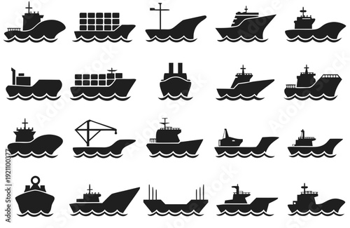Black silhouette icons of various cargo and commercial ships on water