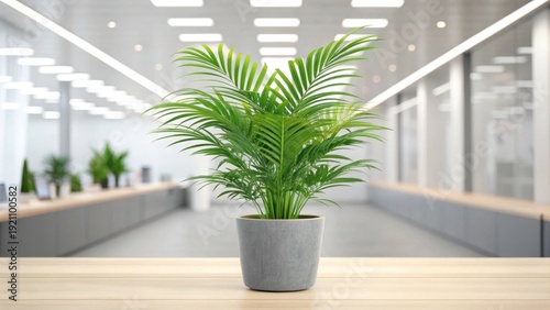 Potted areca palm plant on a wooden table in a modern office
