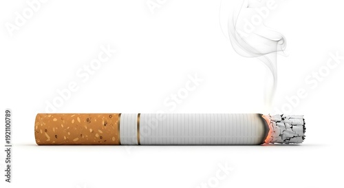 Single burning cigarette on white background.