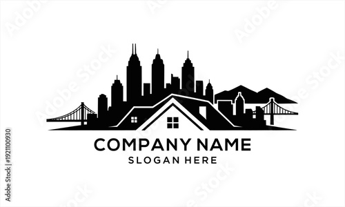 Real Estate Logo with City Skyline and House Roof Silhouette.