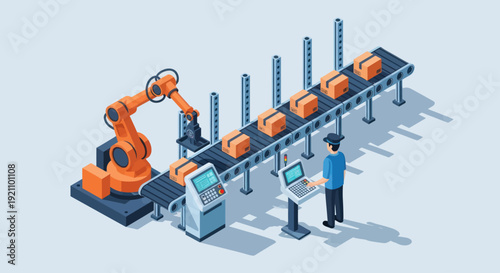 Automated Factory Production Line with Robotic Arm and Human Operator.