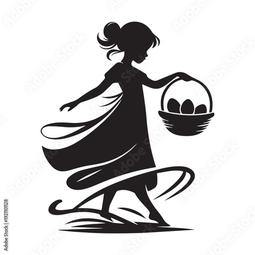 Barefoot Girl with Basket Surrounded by Floral Frame Silhouette