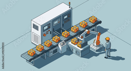 Automated Production Line with Robotic Arm and Worker.
