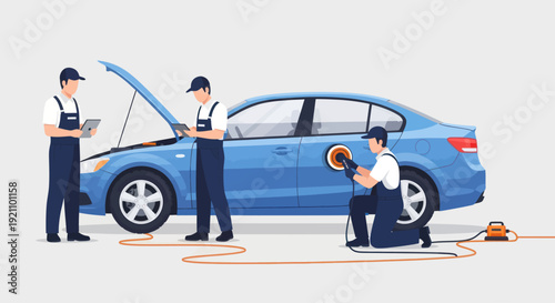 Car repair and detailing service with mechanics working on vehicle.