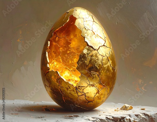 Ornate gold egg is cracked open, revealing glowing interior and sitting on a weathered surface