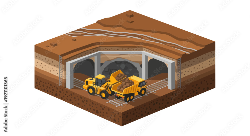 Fototapeta premium Construction of underground tunnel with heavy machinery.