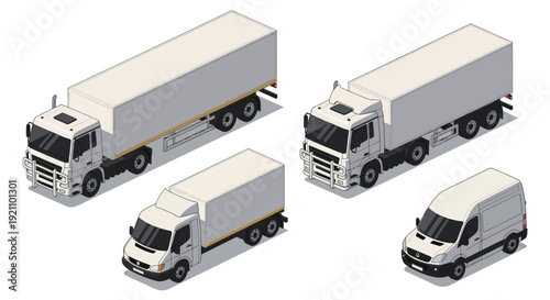 Collection of White Delivery Trucks and Vans in Isometric View.