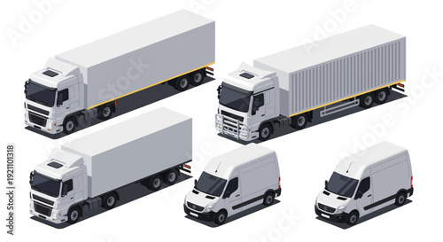 Collection of White Delivery Trucks and Vans in Isometric View.