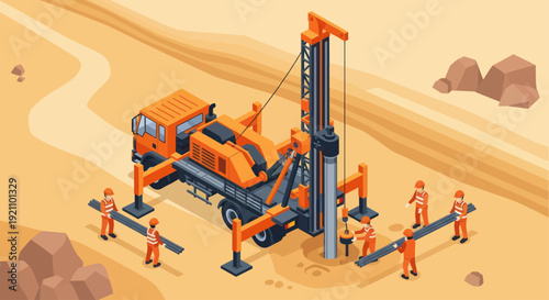 Construction drilling rig with workers on sandy terrain.