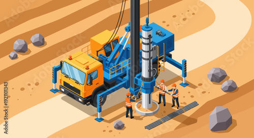 Construction drilling rig with workers on site.