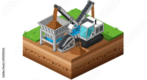Construction Excavator Machine Working on a Site with Conveyor Belt.
