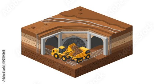 Construction of underground tunnel with heavy machinery.