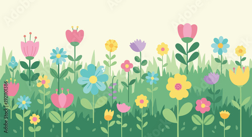 A vibrant garden full of flowers, in shades of pink, yellow, blue, and purple