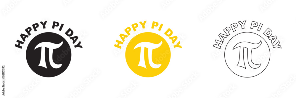 Fototapeta premium Happy Pi Day Circular Logo Designs. Set of three circular Happy Pi Day logo designs featuring the pi symbol in black, yellow, and outline styles on light background.