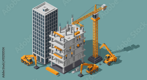 Construction Site with Buildings and Heavy Machinery.