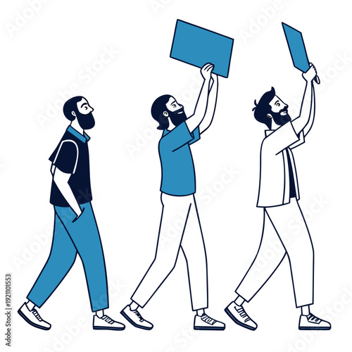 Three men walking and holding signs