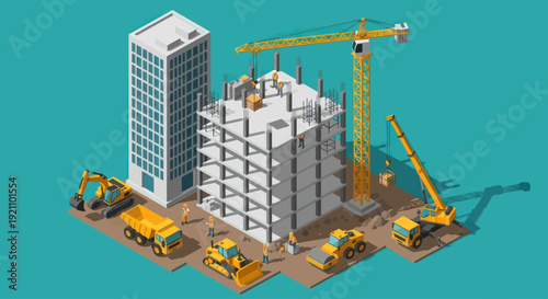 Construction Site With Buildings and Heavy Machinery.