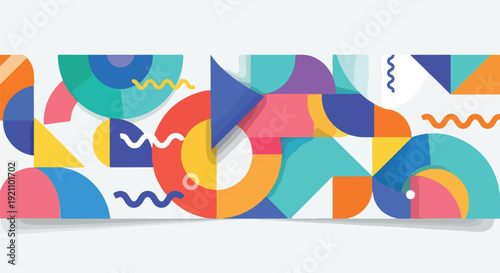 A vibrant geometric composition featuring abstract shapes and colorful forms