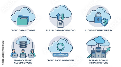 Vector cloud computing with data storage, upload, security shield, team access, backup process, and scalable infrastructure solutions