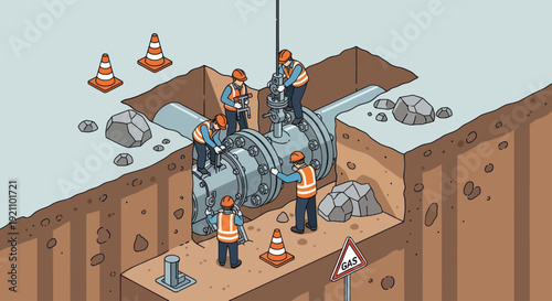 Construction workers installing large industrial pipe underground.
