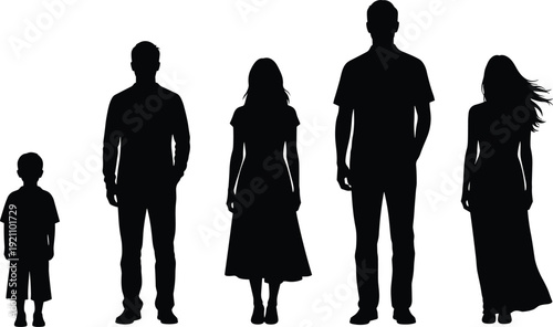 Full body family silhouette group including men women and child standing together in a row isolated on white background vector illustration
