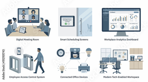 Vector smart office automation with digital meetings, scheduling, analytics dashboard, access control, connected devices, and modern workspace solutions