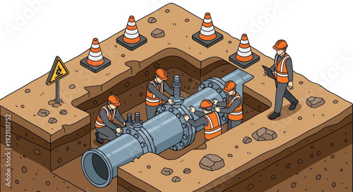 Construction Workers Installing Large Water Pipe Underground.