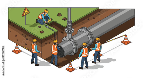 Construction workers installing large pipeline underground.