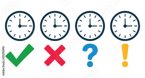 Green check mark and red cross icon set featuring blue question mark, yellow exclamation point, clock