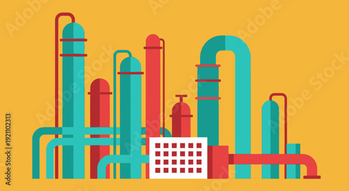 Industrial factory with pipes and tanks in flat design.