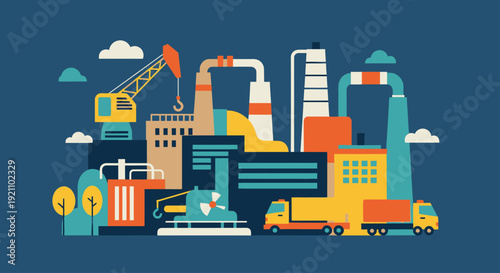 Industrial landscape with factories, trucks, and machinery.