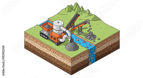 Industrial mining operation extracting resources from a riverbed.