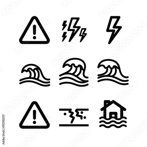 Set of simple icons for natural disasters and weather warnings, including lightning, waves, earthquake, flood, and alert signs.